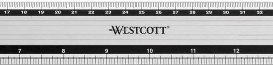 Gedeeltelijk zichtbare Westcott aluminium liniaal met zwarte nummering van 7 tot 12 aan de onderkant en 17 tot 32 aan de bovenkant.