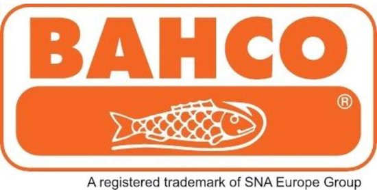 Oranje en wit logo met vis en de tekst BAHCO, "A registered trademark of SNA Europe Group".