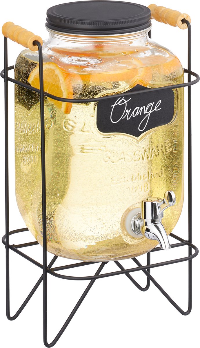 drankdispenser met houder - 4 liter - glas - kraantje - met label - handgrepen