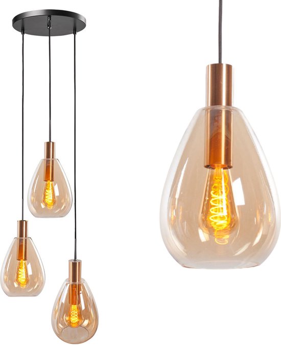 Moderne Hanglamp Dorato | 3 lichts | goud / zwart | glas amber / metaal | Ø 18,5 cm | in hoogte verstelbaar tot 185 cm | eetkamer / eettafel lamp | modern / sfeervol design | getrapt