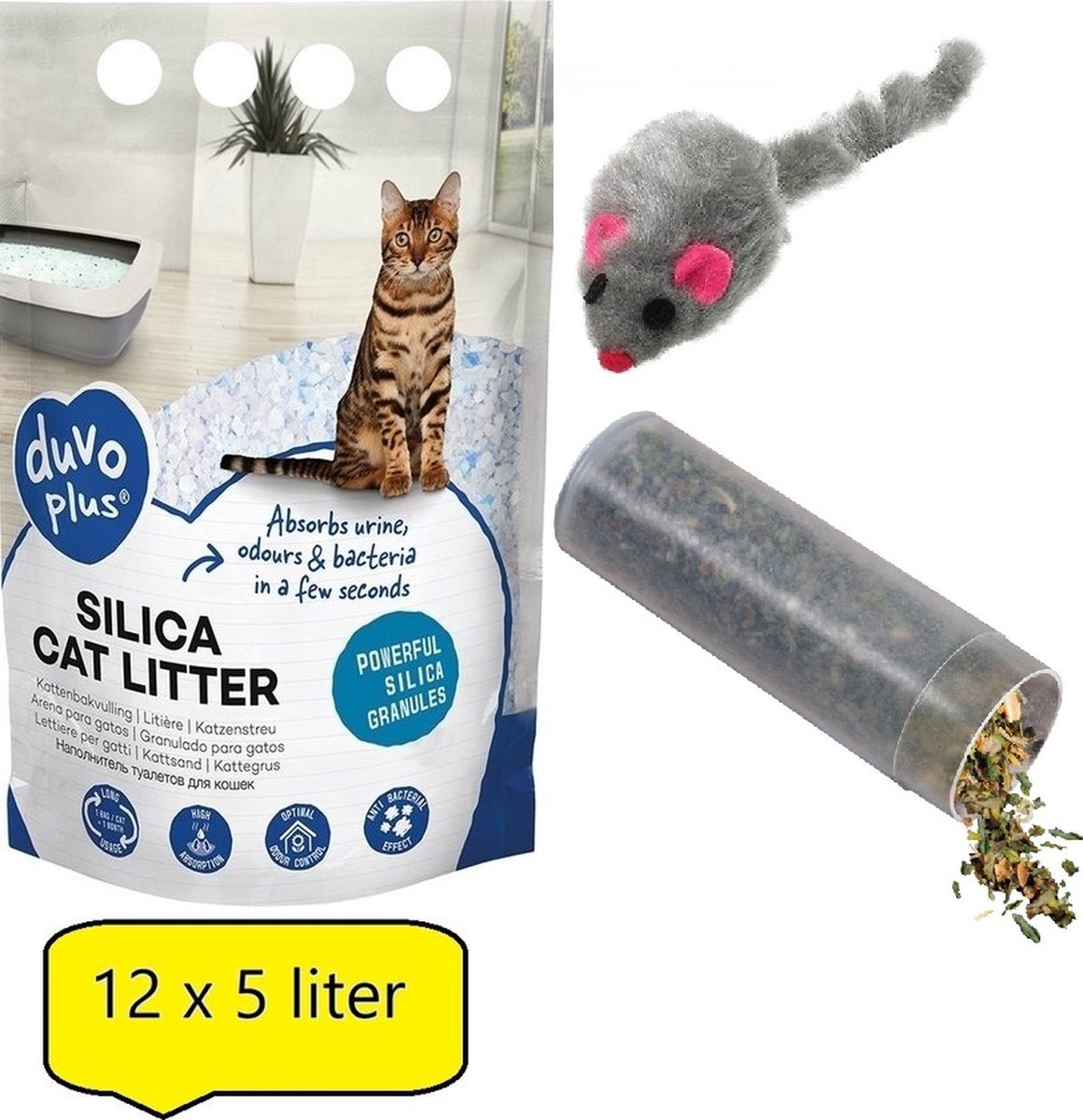 Bol.com Duvo+ Premium Silica Kattenbakvulling - Voordeelverpakking - 12x 5L - Incl. Wol muisje met catnip! aanbieding