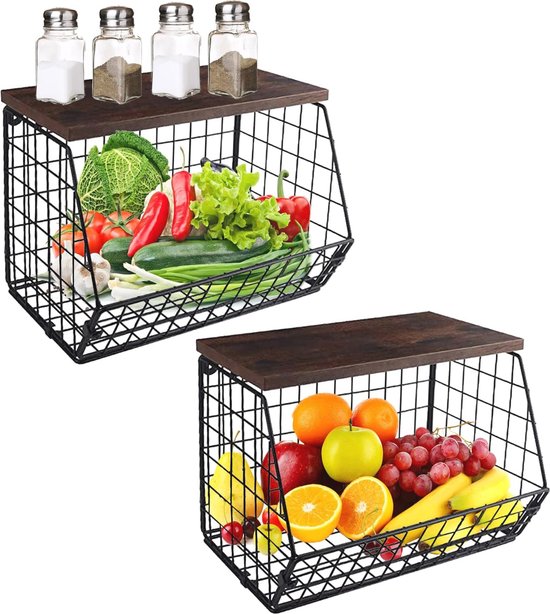 TIOYOTY Set Van 2 Hangende Fruitmand Voor Aanrecht - Keukenaanrechtorganizer Met Houten Deksel - Zwarte Mand Voor Ui, Aardappel, Snack en Broodhouder