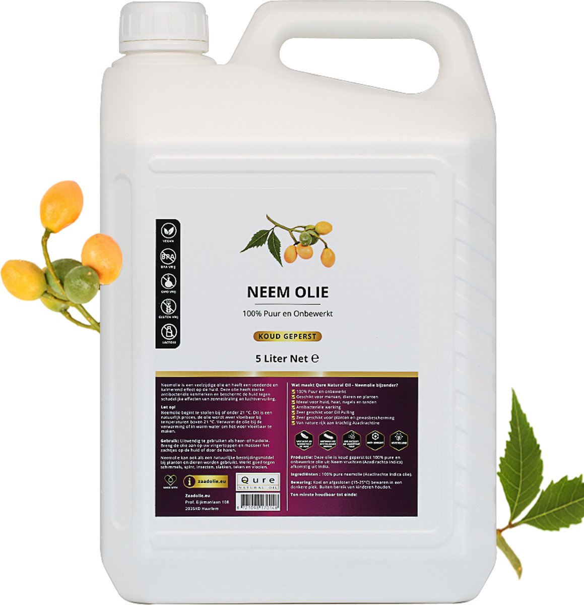 Goedkoopste Neemolie 5 Liter | 100 Puur & Onbewerkt | Koudgeperste Neem Olie voor mens, dier en planten