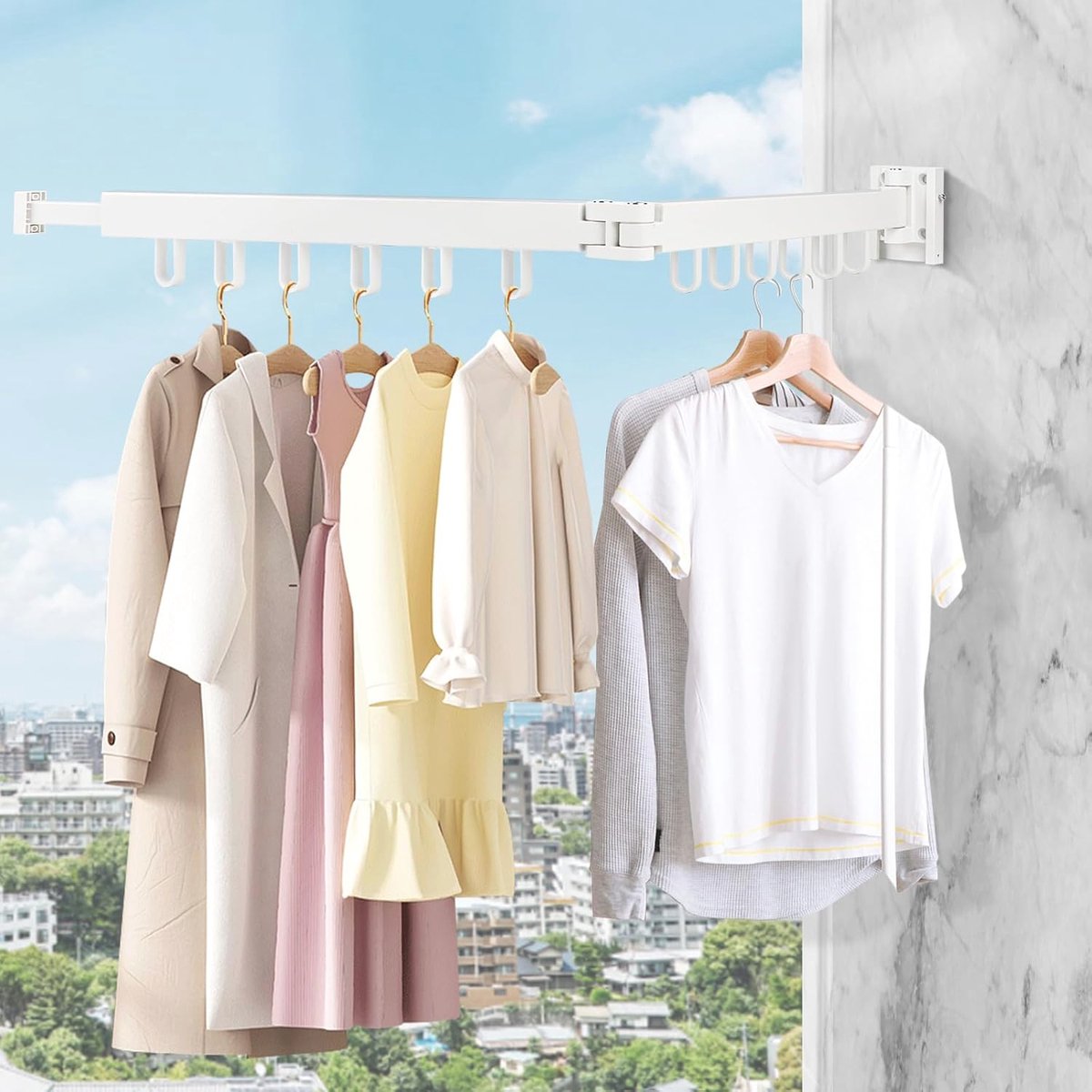 Goedkoopste Inklapbaar Wanddroogrek met 12 Ophanghaken - Kledingrek voor Balkon, Badkamer, en slaapkamer - 90 cm Uittrekbaar