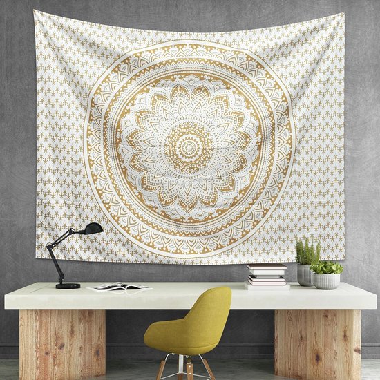Grande tapisserie 200 x 150 cm, tapisserie mandala en tissu bohème hippie, couverture bohème soleil et lune, art mural pour décoration de la maison, chambre, dortoir, salon, plage (Mandala D)