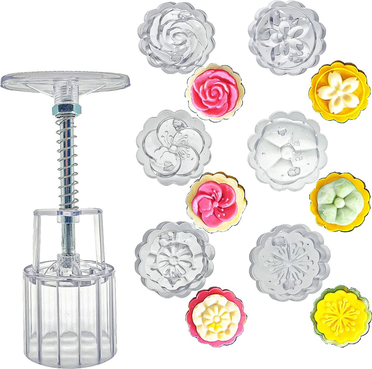 Mould Press Cookie Stamp Bakvorm Handpersset Maancakevormppers met 6 stempels - Bloemen Hand Print Fondant Dessert Maan Cake Uitsteekvormen voor Bakken DIY Cake Cookies Dessert