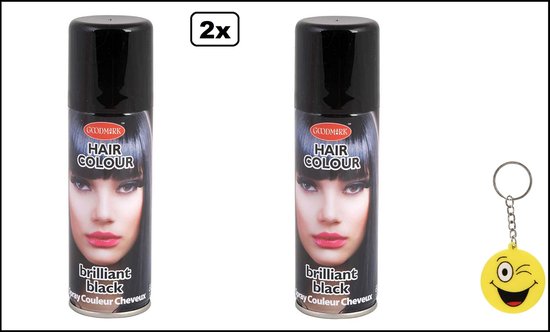 Twee bussen GOODMARK haarverf Brilliant Black met een afbeelding van een vrouw met zwart haar. Inclusief een gele smiley sleutelhanger.