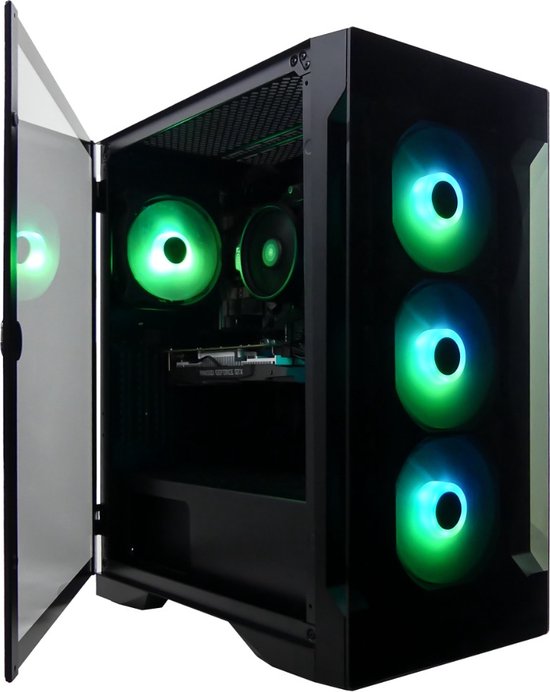 Zwarte PC-behuizing met glazen deur open en groene RGB-verlichting op de ventilatoren.