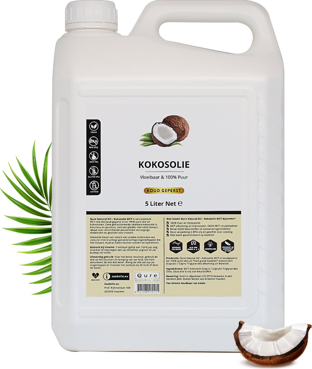 Kokosolie MCT 5 Liter Voordeelverpakking | 100% Puur en Vloeibaar | Food Grade Kwaliteit MCT Kokos Olie voor Haar, Huid en Lichaam