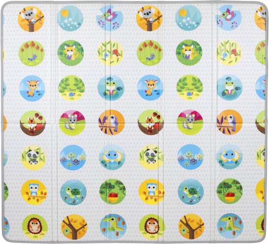 Speelkleed met cirkels met verschillende dierenprints, zoals een panda, leeuw, kikker en egel.