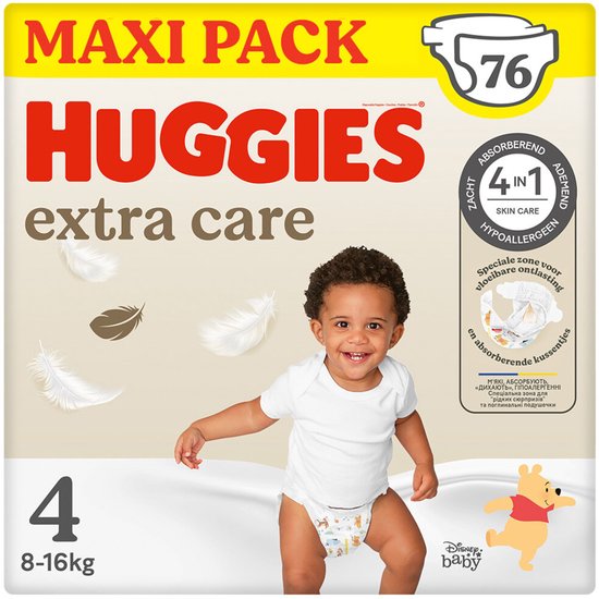 Huggies® Extra Care baby luiers, Maat 4 (8 tot 16 kg), 76 luiers met vochtindicator en Disney designs, Maxi Pack