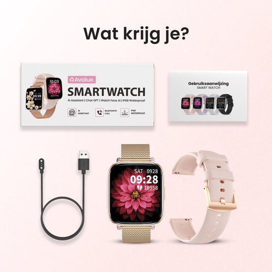 Avalue Smartwatch Dames & Heren - AMOLED Screen - AI Feature - Stappenteller - Bloeddrukmeter - Geschikt voor alle Smartphones - Roségoud