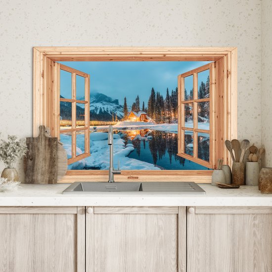 Spatscherm keuken 80x55 cm - Kookplaat achterwand Winterlandschap - Natuur - Huis - Bergen - Doorkijk - Raam - Muurbeschermer - Spatwand fornuis - Hoogwaardig aluminium