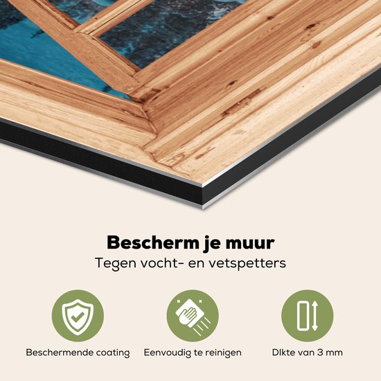 Spatscherm keuken 80x55 cm - Kookplaat achterwand Winterlandschap - Natuur - Huis - Bergen - Doorkijk - Raam - Muurbeschermer - Spatwand fornuis - Hoogwaardig aluminium