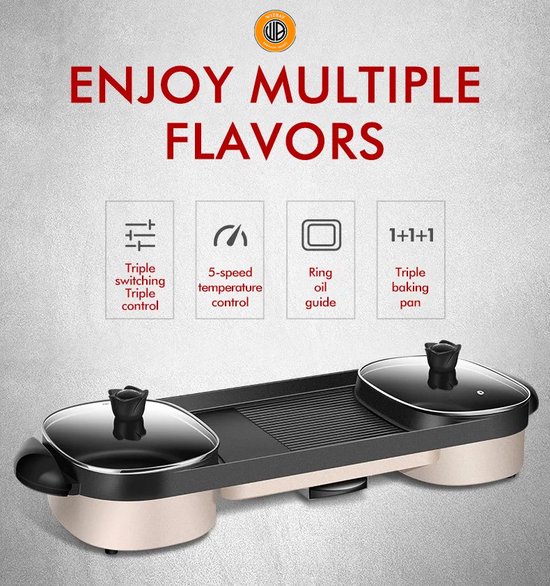 WizBay Premium Select® 4 in 1 Dual Aziatische Shabu HotPot - Hot pot - Funcooking - 3 Bouillon Gedeelten - Grill - Gourmetten - Fondue - 5 tot 12 personen - 2000W - Anti Aanbak Laag - 80cm Lang — afbeelding 5