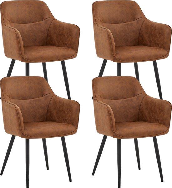 Set van vier bruine microvezel eetkamerstoelen met armleuningen en zwarte poten.