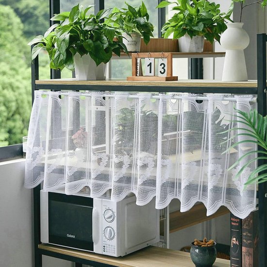 Rideau de cuisine court motif coeurs - 180 x 60 cm - Style campagne - Rideau voilage - Semi-transparent - Wit