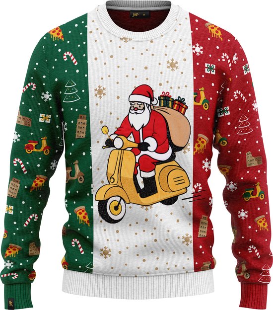 JAP Christmas Around the World Kersttrui (maat XL) - 100% Gerecycled - Kriebelt niet - Kerstcadeau volwassenen - Foute Kersttrui dames en heren - Italië - Groen/Wit/Rood
