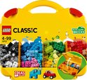 Gele koffer met LEGO Classic blokjes, 4-99 jaar, inclusief speelgoedauto, blauwe olifant en open koffer met sortering van blokjes.