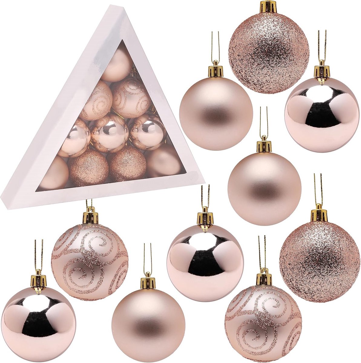 Kerstballen in champagne goud, glanzend, mat en glitterversierd, variërend van 10-60mm.