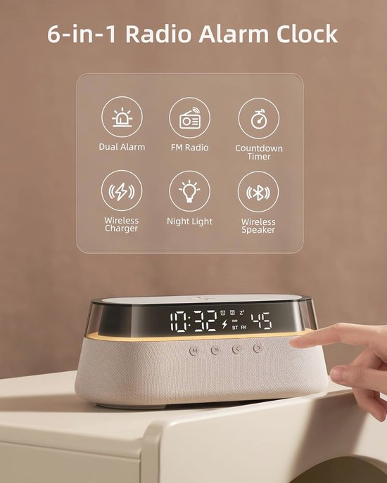EZVALO Radio Wekker met Oplaadfunctie, Radio Wekker Digitaal 4 in 1 met 15W Draadloze oplader Qi, 3 Modes RGB Nachtlicht, Bluetooth Speaker 5.0, Cadeau Ideeën voor Papa EZVALO Radio Wekker met Oplaadfunctie, Radio Wekker Digitaal 4 in 1 met 15W Draadloze oplader Qi, 3 Modes RGB Nachtlicht, Bluetooth Speaker 5.0, Cadeau Ideeën voor Papa