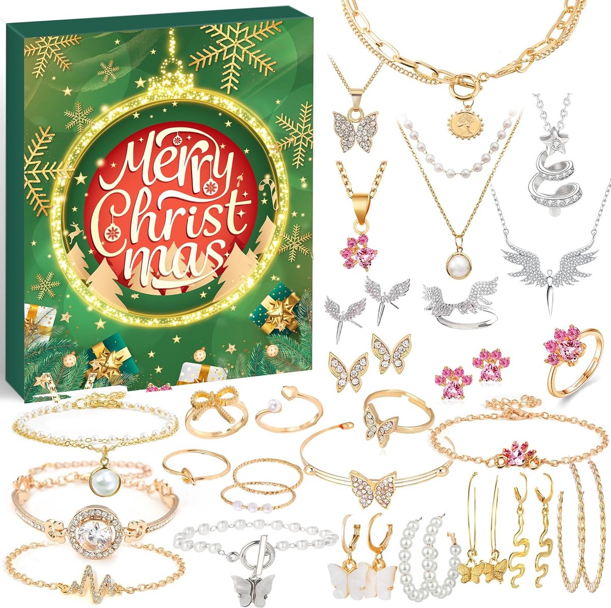Adventskalender Sieraden 2024 Kerstkalender Vrouwen Meisjes, 24 Verrassingen Armband Ketting Oorbellen, Dames Sieradenset, Kerstcadeaus voor Vrouwen Meisjes Tieners Kinderen