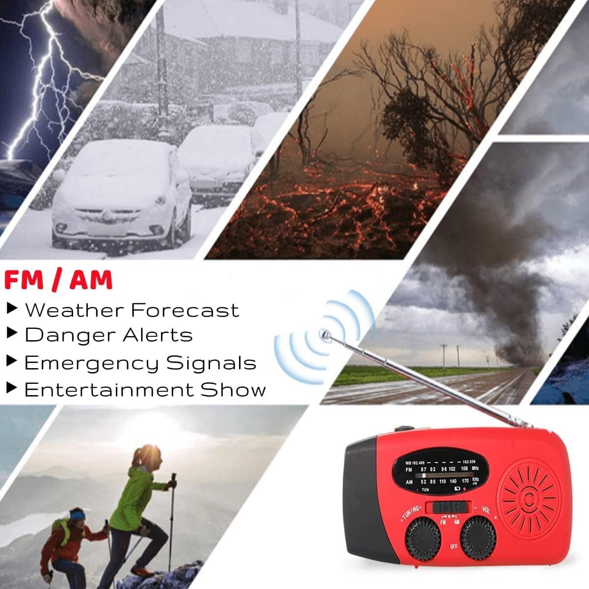 Draagbare zonne-radio met weer AM/FM, generator met handzwanger, 2000mAh oplaadbare powerbank, USB-oplader voor mobiele telefoons, LED-zaklamp, voor buiten noodgevallen, kamperen – foto 6
