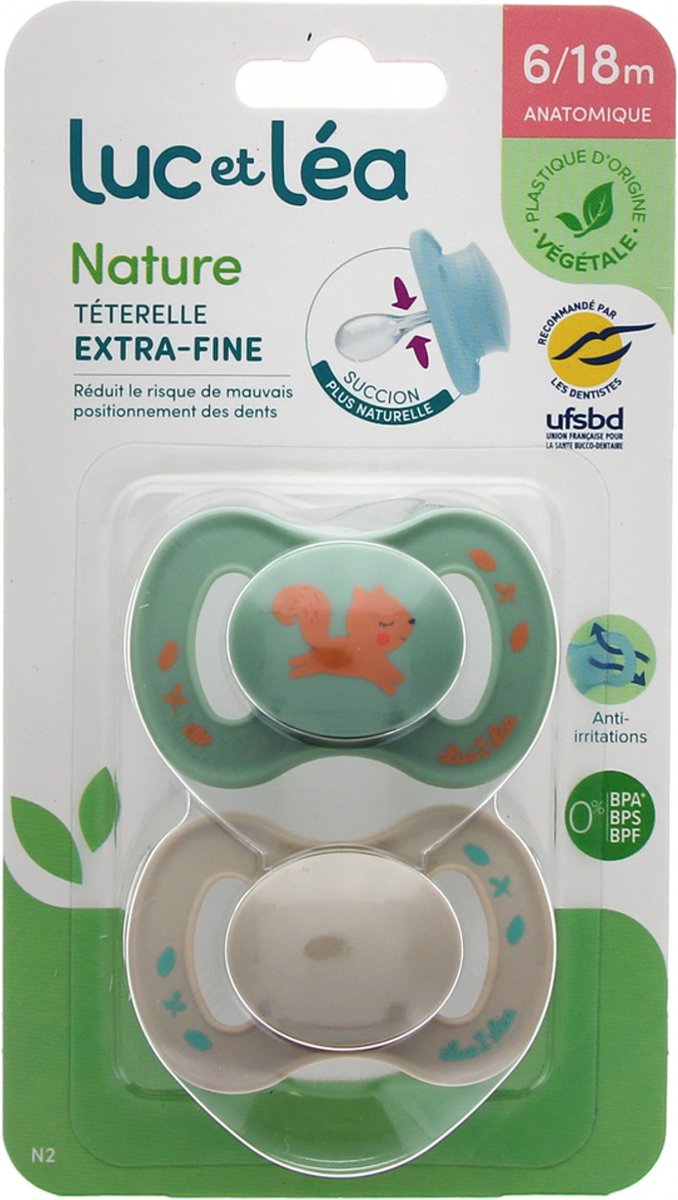 Goedkoopste Luc et Léa Nature 2 Anatomische Fopspenen Extra-Fijne Speen 6-18 Maanden (Modellen Eekhoorn en mollengroen
