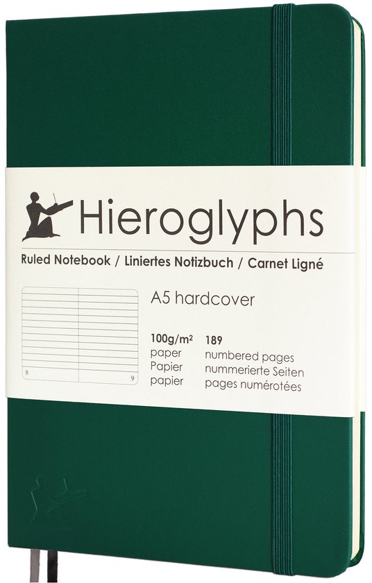 Hieroglyphs Notitieboek A5 Gelijnd - Hardcover - 189 Genummerde Pagina’s - 100 Grams Papier - Elastiek - Schrijfboek - Donkergroen - Forest Green