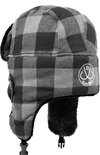 Grijze en zwarte geruite muts met faux fur kraag en logo.