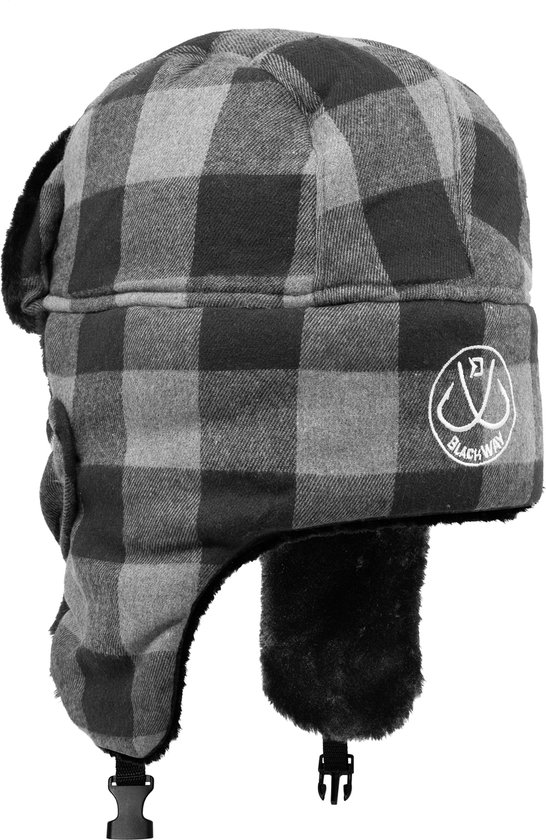 Grijze en zwarte geruite muts met faux fur kraag en logo.