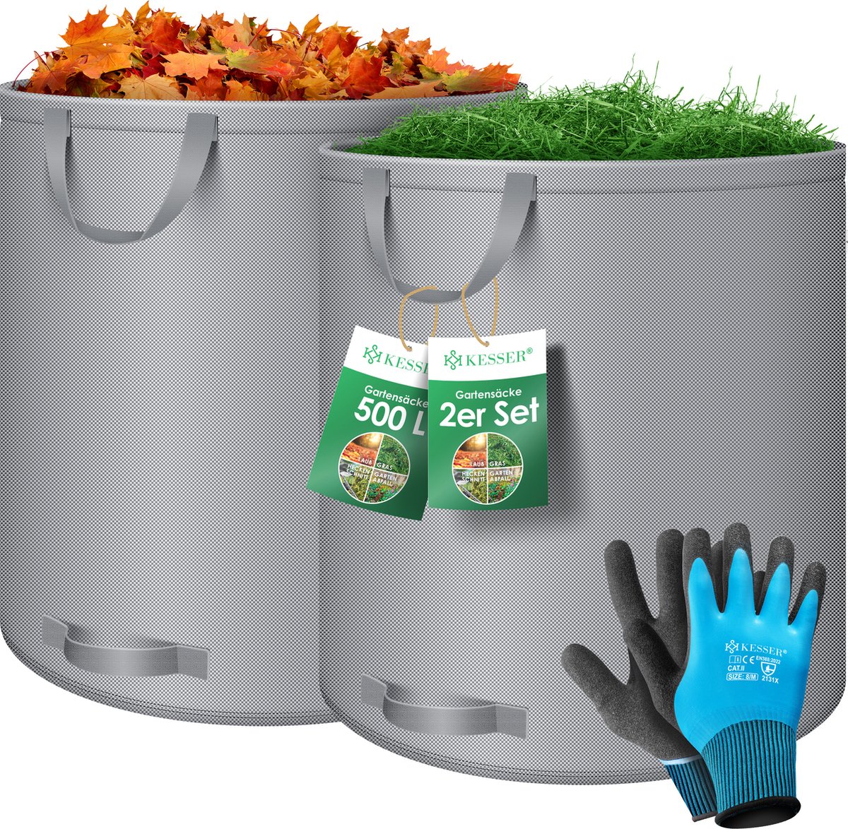 KESSER® - Tuinafvalzak set - zelfstaand, opvouwbaar - incl. handschoenen - 2x 500 L, grijs