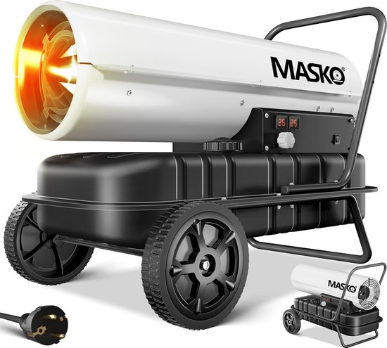 Wit MASKO heteluchtkanon met verlichte opening, op wielen, met stekker. Kleinere versie zichtbaar.