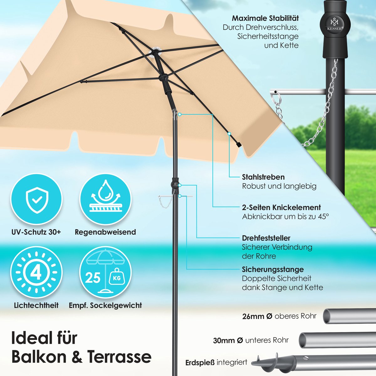 Parasol Rectangulaire KESSER 250×125 Cm – Jardin Terrasse Balcon – Inclinable 45°, Housse 2-en-1, Protection UV, Aluminium Léger + Sac Transport