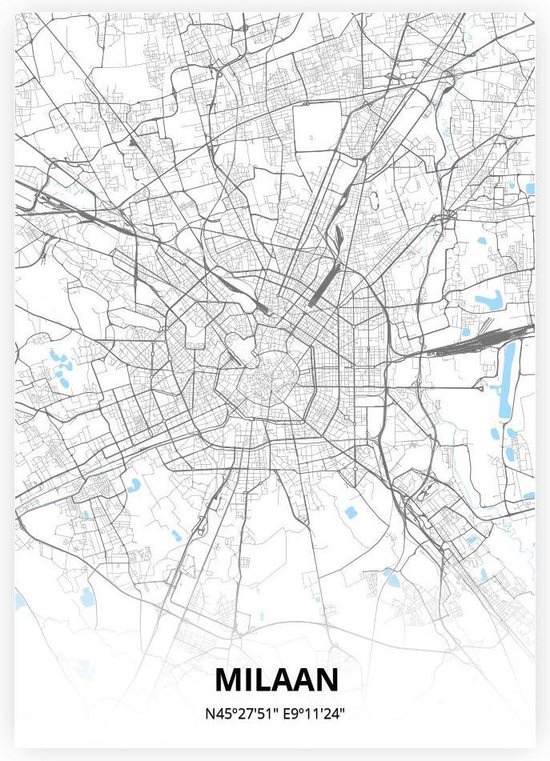 Milaan plattegrond - A3 poster - Zwart blauwe stijl