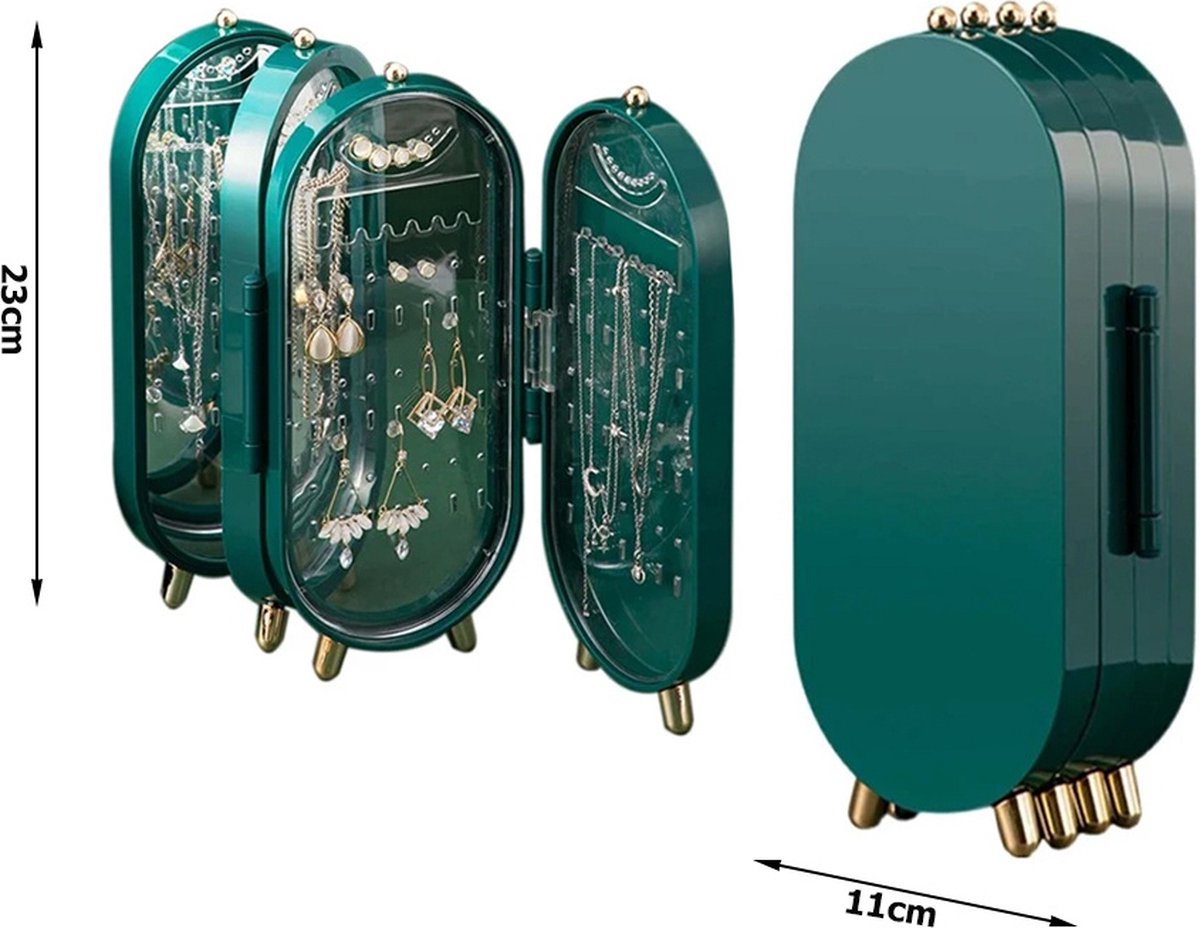 Goedkoopste SIERADENORGANISATOR - VOUWBARE KIST MET SPIEGEL EN DISPLAY, GROEN