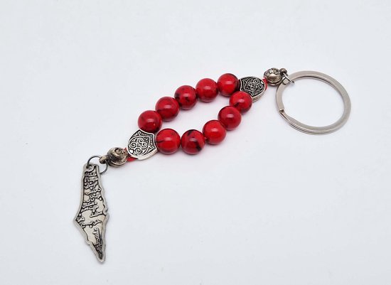 Porte-clés en pierre naturelle fait main "Howlite rouge" - Avec pendentif en métal - "Palestine" - Diamètre du grain 8 mm - Bel accessoire et décoration pour la voiture - Vaderdag - Cadeau fête des mères - Cadeau amis