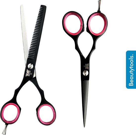 BEAUTYTOOLS Set de ciseaux de coiffure pour gauchers + ciseaux à effiler / ciseaux à effiler - Noir mat (5,5 pouces) - (RLS-2823)