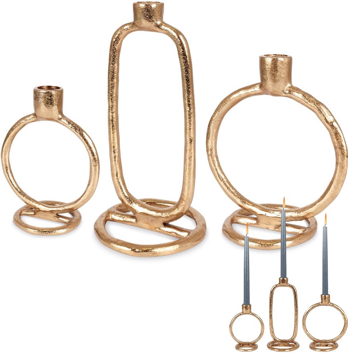 Kandelaar voor Een Lange Kaars Aluminium Gouden 15 / 19 / 24 cm 3 stuks - Kaarsen - Kaarsenstandaard - Kaarsenhouder - Decoratie