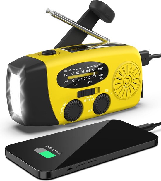Draagbare handslinger noodradio met zonne-oplader 2000mAh oplaadbare powerbank voor noodgevallen LED-zaklamp SOS-alarm (geel)