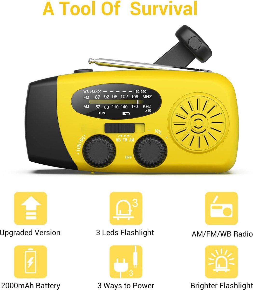 Draagbare handslinger noodradio met zonne-oplader 2000mAh oplaadbare powerbank voor noodgevallen LED-zaklamp SOS-alarm (geel) – foto 7