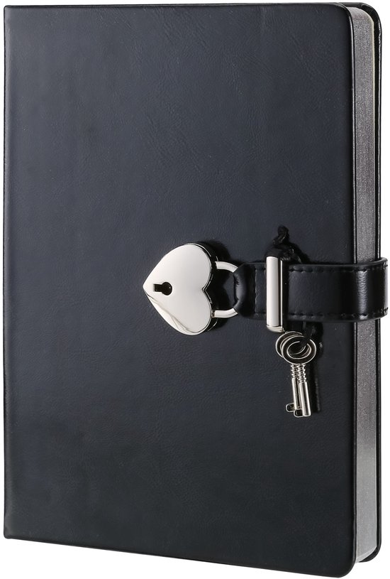 Victoria's Journals - Dagboek met slot, sleutel en geschenkdoos - Hush-Hush My Secret Diary w/ Heart Lock - Luxe Vegan Leer Dagboek - Notitieboek A5 Hardcover - 320 Pagina's Premium Papier - 13x18 cm - Metallic Zwart