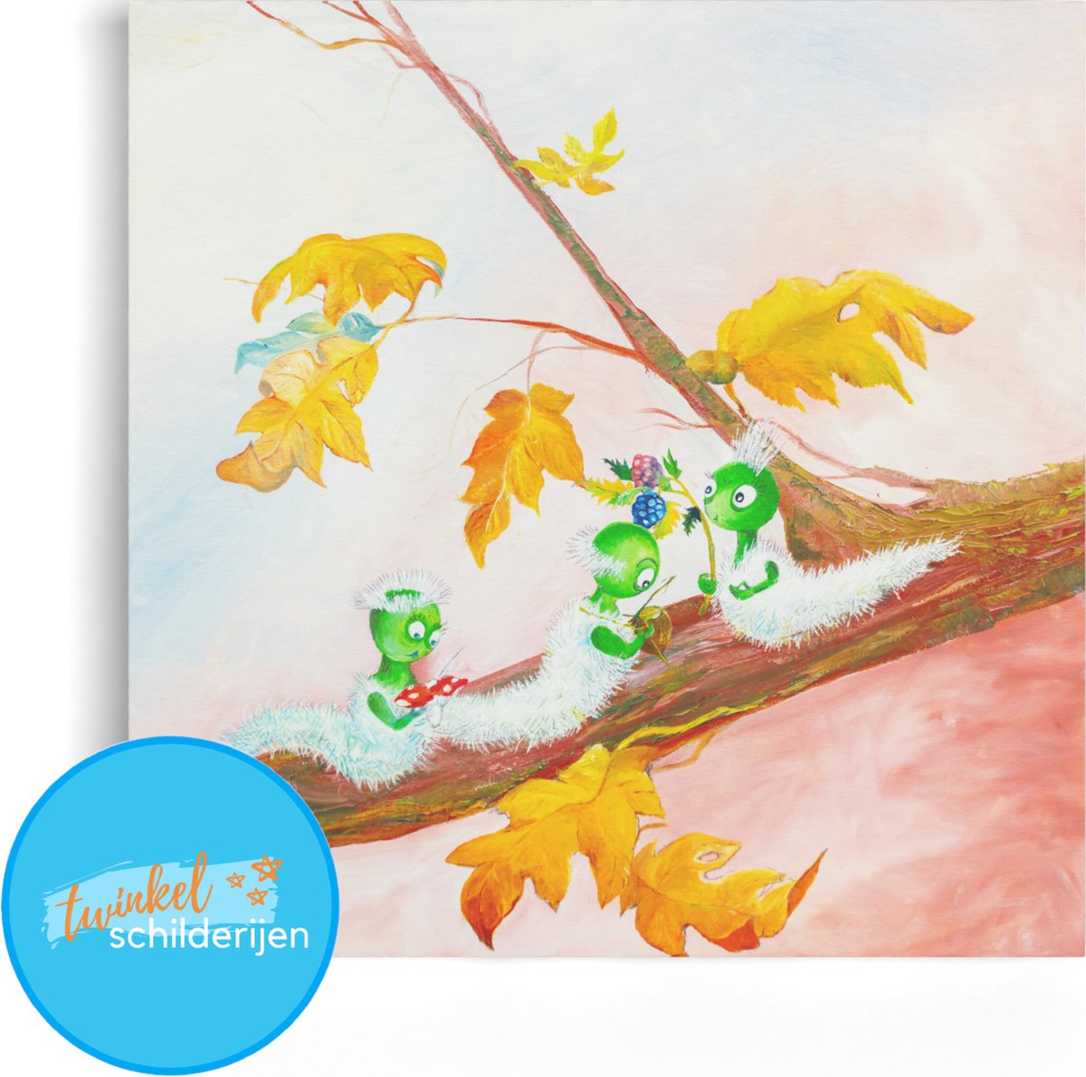 Twinkelschilderijen wanddecoratie kinderkamer - Muziek met de Rammelrupsen - Canvas kinderkamer en interieur babykamer - Canvas dieren en insecten - Accessoire door Twinkelschilderijen - 60x60cm | Incl. GRATIS ophangsysteem |