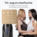 Twee vrouwen kijken elkaar aan. Naast hen, een zwarte masturbator met gouden accenten en een diagram van de tril-, zuig- en stootfuncties.