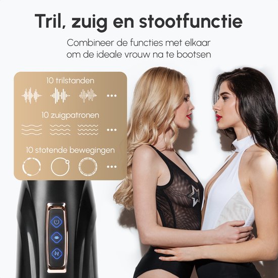 Twee vrouwen kijken elkaar aan. Naast hen, een zwarte masturbator met gouden accenten en een diagram van de tril-, zuig- en stootfuncties.