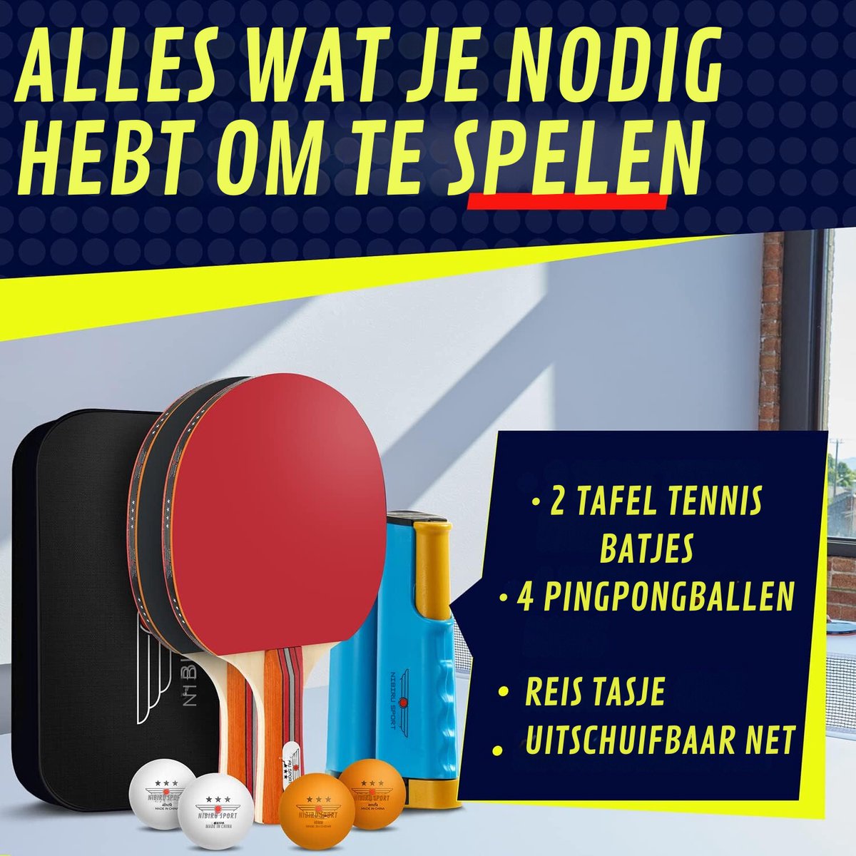 Nibiru Sport Tafeltennis Set met 2 Houten Batjes, 4 Pingpongballen en 1 Tafeltennis Net - Inclusief Opbergtas - Ping Pong Set voor Binnen en Buiten - Draagbare Pingpong Set - 3 Sterren Ballen - Tafeltennisnet Uitschuifbaar — afbeelding 4