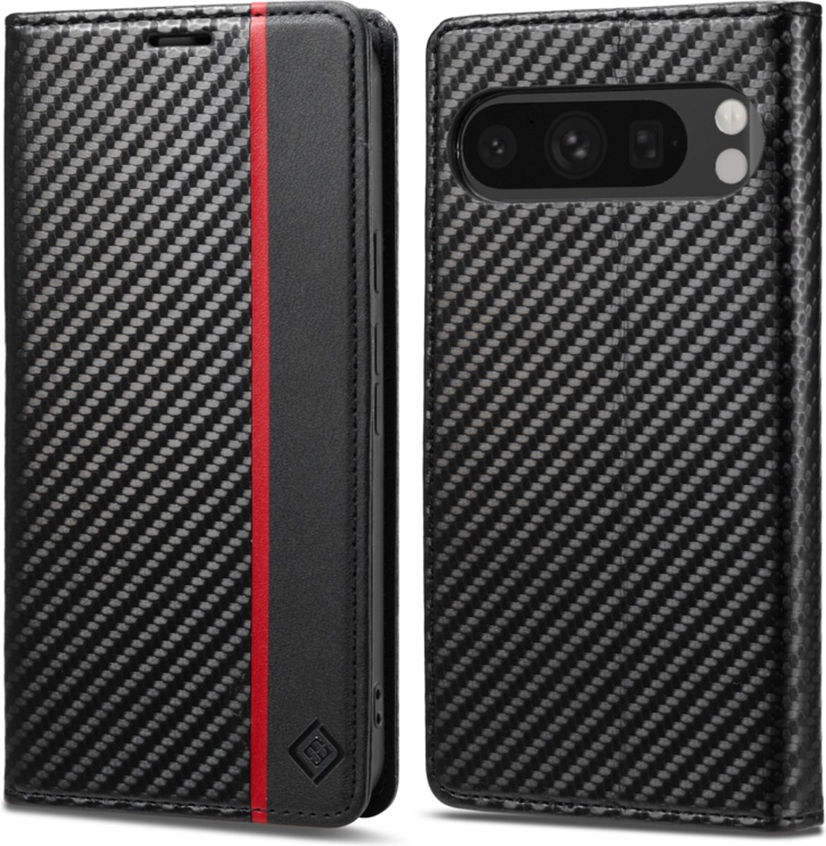 Luxe BookCover Hoes Etui geschikt voor Google Pixel 9 - 9 PRO - Zwart-Rood-Carbon