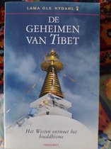Boek 'De Geheimen van Tibet' met een stoepa en gebedsvlaggen, tekst 'Het Westen ontmoet het boeddhisme'.