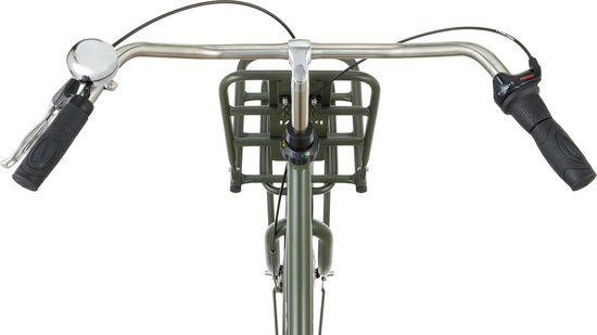 Stuur van legergroene transportfiets met bel, handvatten en versnellingspook.