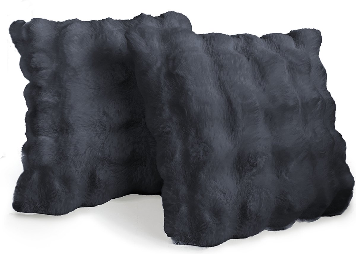 Eleganzzz Sierkussens Bubble Pom Pom Rabbit Fur - Dark Grey - Sierkussens 50x50cm - Set van 2 Kussens
